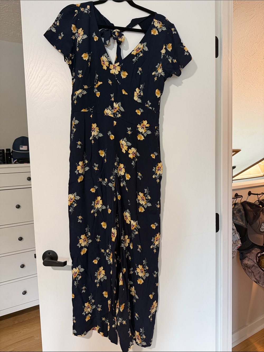 Floral Tie-Back Jumpsuit in Navy and Yellow